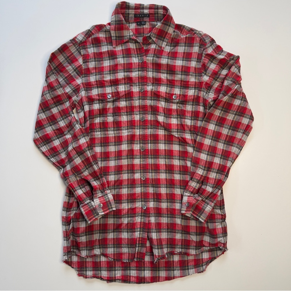 THEORY Marosa Henman Plaid Button Up Shirt Womens Petite Pocket Raw‎ Hem Red